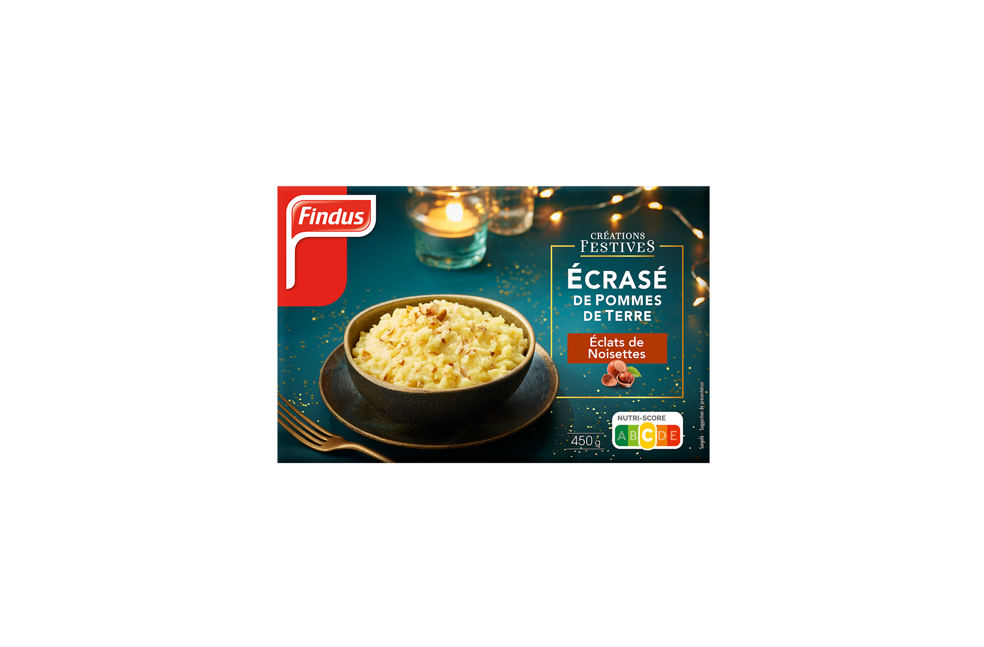 Facing du pack écrasé de pommes de terre noisettes créations festives Findus