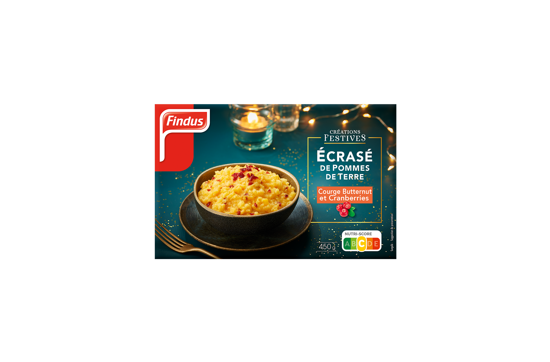 Facing du pack écrasé de pommes de terre butternut cranberries créations festives Findus