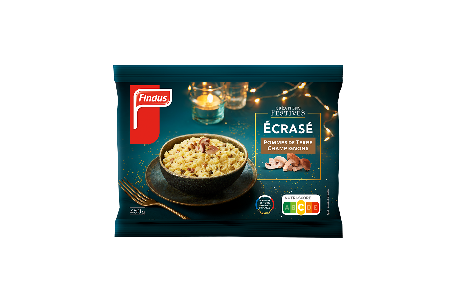 Facing du pack écrasé de pommes de terre champignons créations festives Findus