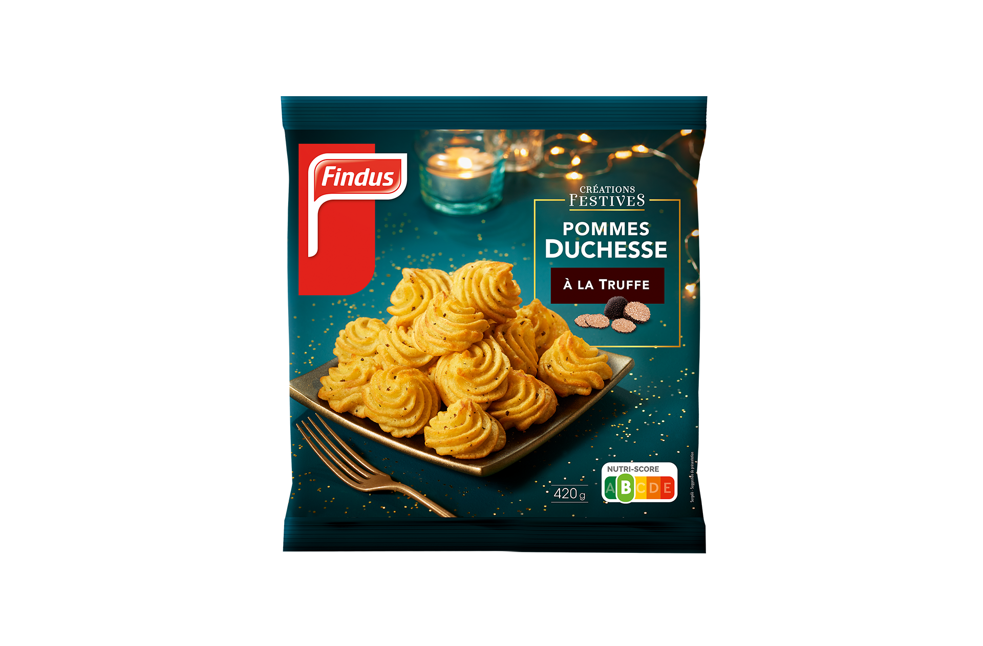 Facing du pack des pommes duchesses à la truffe créations festives Findus