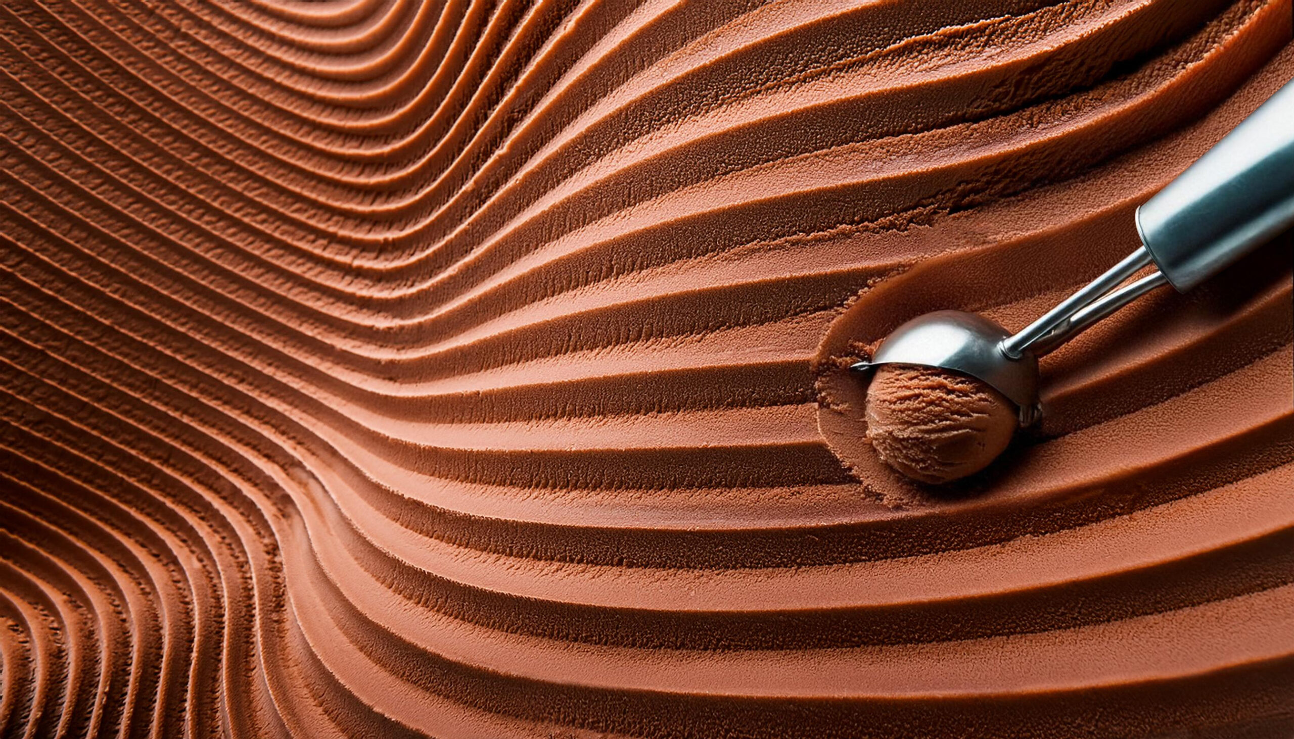 Visuel de glace au chocolat reprenant le motif identitaire de l'Artisan Givré avec une cuillère à glace qui forme une boule de glace au chocolat