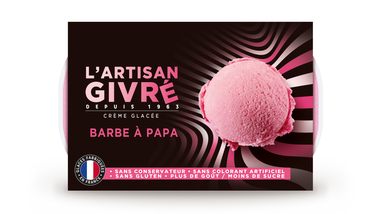 Facing du pack de crème glacée Barbe à Papa L'Artisan Givré