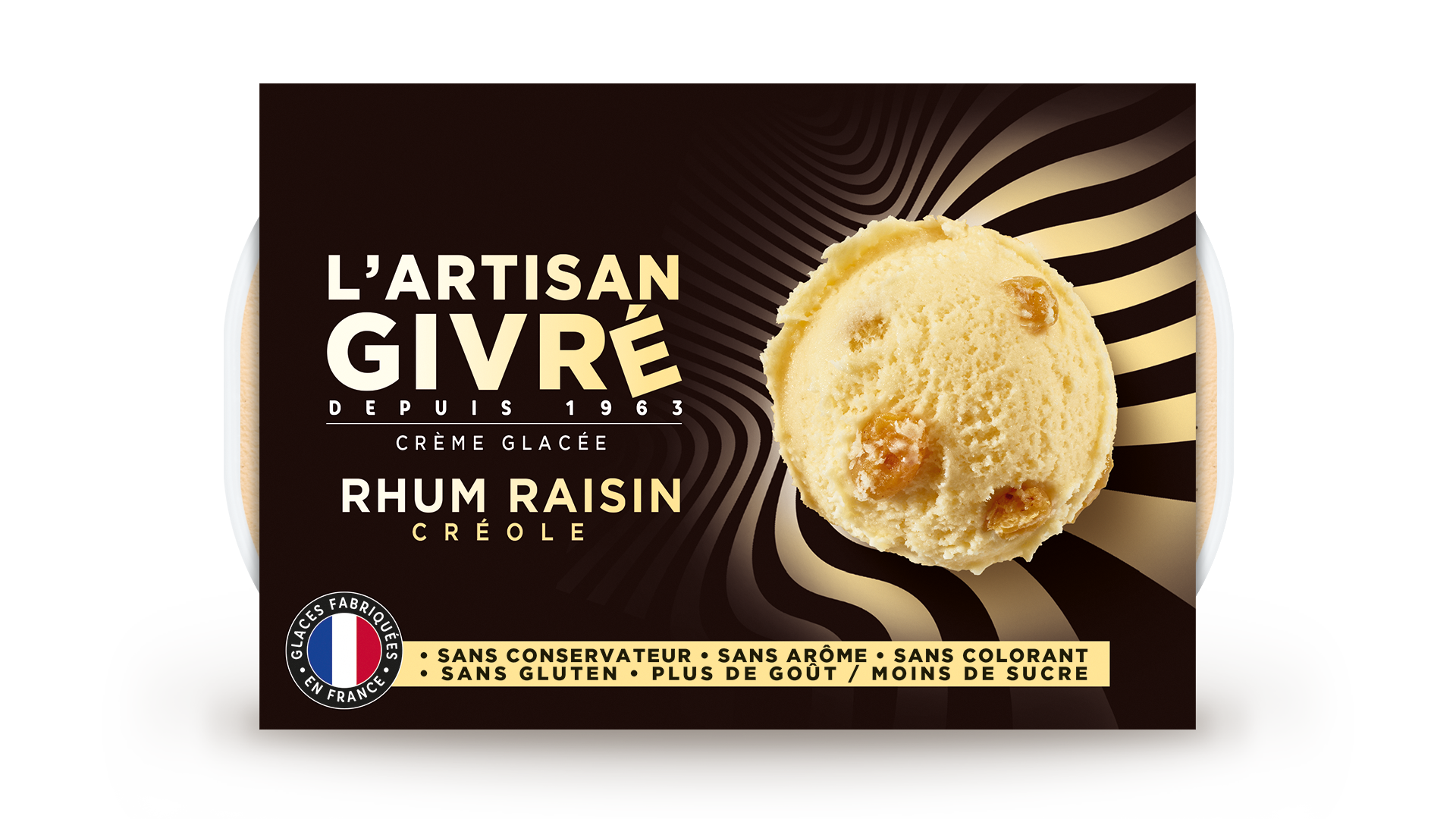 Facing du pack de crème glacée rhum raisin L'Artisan Givré
